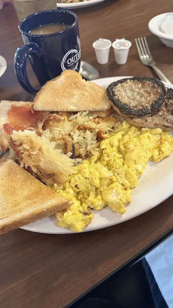 2 Eggs Hash Browns Sausage Patties and Toast